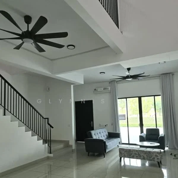 Living features: 2 ceiling fans, sofa in grey, coffee table, floor-to-ceiling windows, white painted walls, recessed downlights, marble tile flooring, curtains, staircase with black railing; style: modern; view: garden.