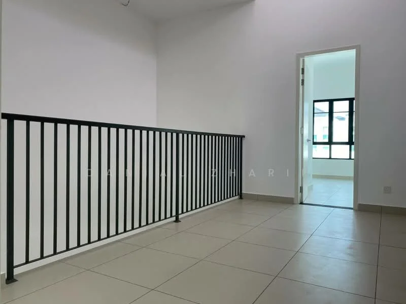Room features: white painted walls, tile flooring, black metal railing, doorway leading to another room, large windows with black frames, natural light from windows, neutral color scheme; style: modern.