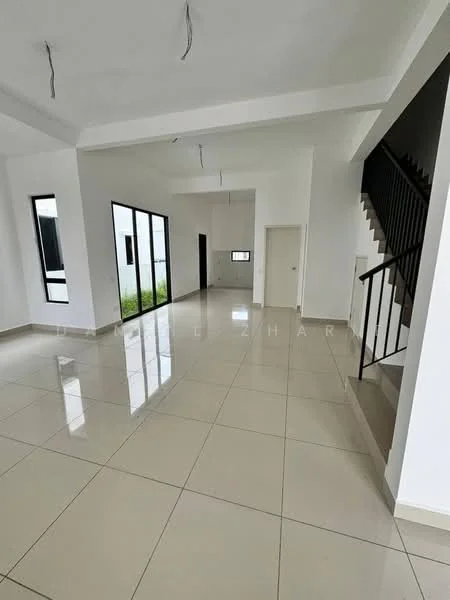 Room features: white painted walls, polished ceramic tile flooring, tray ceiling, large windows, staircase with black railing, open layout, natural light, neutral color scheme; style: modern; view: garden.