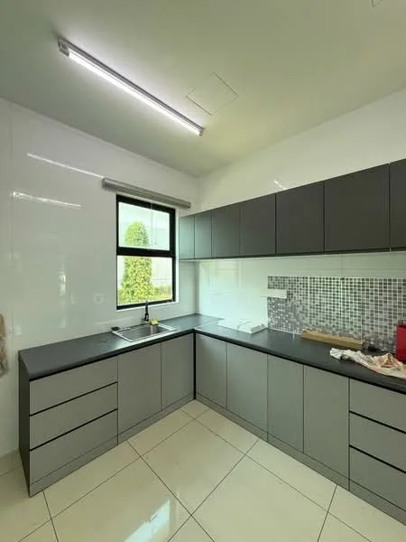 Kitchen features: L-shaped kitchen layout, grey flat-panel cabinets, black countertop, single-bowl stainless-steel sink, chrome pull-down faucet, white tiled backsplash with mosaic pattern, white painted walls, recessed LED downlights, large window with view of greenery, ceramic tile flooring; style: modern; view: garden.