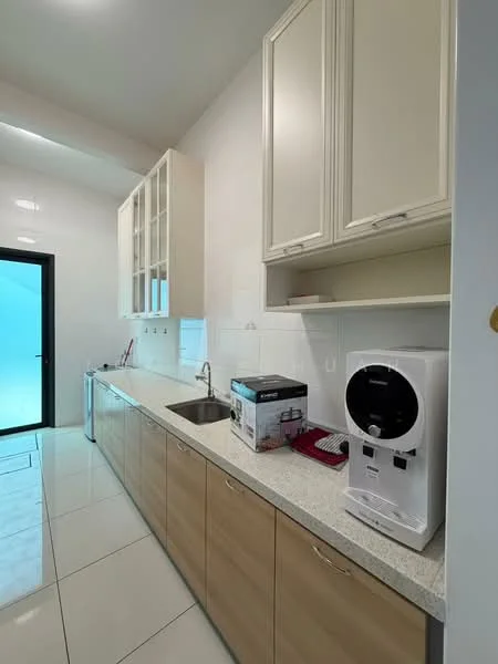 Kitchen features: light wood cabinetry, white upper cabinets with glass fronts, grey countertop, single-bowl stainless-steel sink, chrome pull-down faucet, built-in water dispenser, white tiled backsplash, ceramic tile flooring, recessed lighting, large window for natural light, open layout, door leading to outdoor area; style: modern.