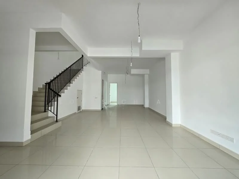 Room features: white painted walls, cream tiled flooring, staircase with black railing, recessed ceiling lights, open layout, large windows for natural light, air conditioning unit, neutral color scheme; style: modern.