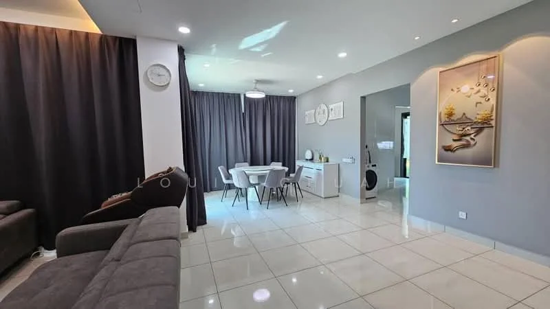 Living features: grey fabric sofa, white dining table, 4 white dining chairs, white sideboard, large grey curtains, wall-mounted clock, recessed ceiling lights, polished ceramic tile flooring, decorative wall art, ceiling light fixture; style: modern.