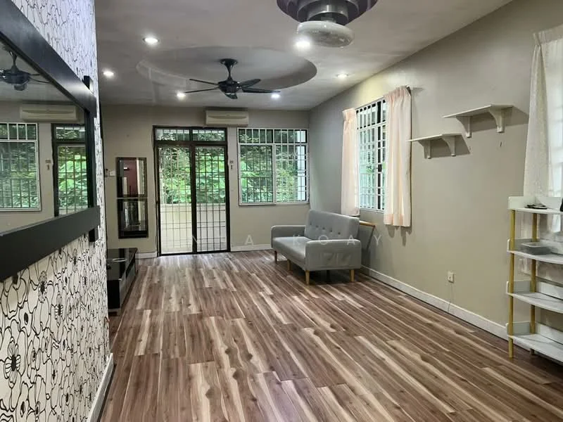 Living features: laminate wood flooring, grey fabric sofa, 5-blade ceiling fan with light, wall-mounted mirror, white sheer curtains, built-in shelving, large windows, decorative wall with patterned wallpaper; style: modern; view: garden.