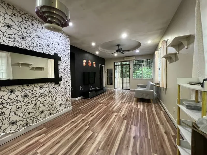 Living features: wooden flooring, black accent wall, floral wallpaper, ceiling fan, wall-mounted TV, large mirror, sliding glass door, window treatments, sofa, decorative wall art; style: modern; view: garden.