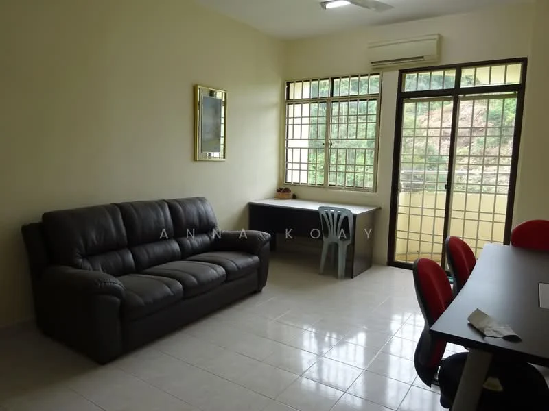 Living features: 3-seater leather sofa in black, tile flooring, cream painted walls, window with grid pattern, sliding glass door, ceiling-mounted air conditioning unit, wooden desk, plastic chair, decorative mirror, natural light from window; view: garden.