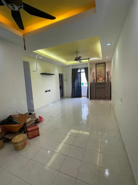 Living features: white painted walls, glossy ceramic tile flooring, tray ceiling with recessed lighting, ceiling fan, floor-to-ceiling window, curtains, built-in cabinet, decorative wall art, open layout, natural light from window; style: modern.