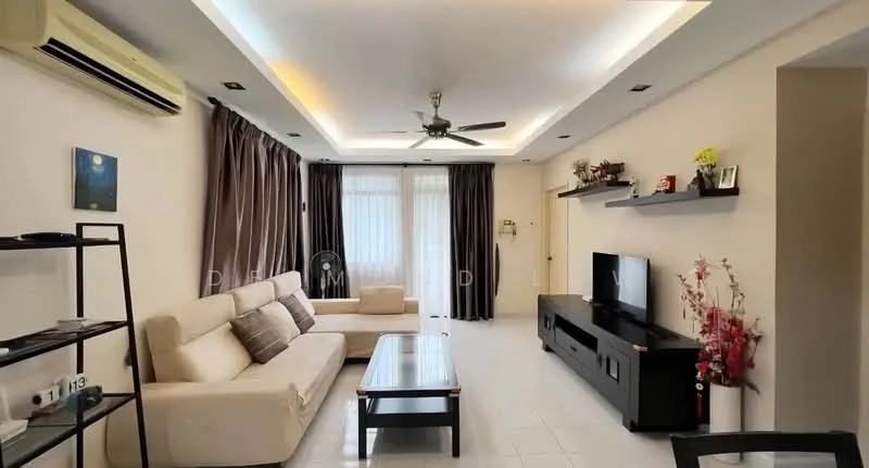 Living features: 3-seater fabric sofa in beige, 2-seater fabric sofa in beige, glass coffee table, wall-mounted TV, TV console in black, ceiling fan with light, recessed downlights, floor-to-ceiling windows with sheer curtains, white painted walls, white tiled flooring, decorative wall shelf, decorative flowers in vase; style: modern.