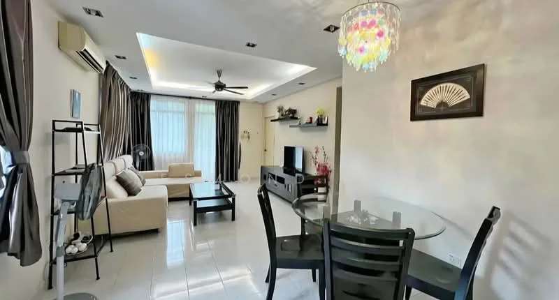 Living features: white painted walls, glossy tile flooring, tray ceiling with recessed lighting, 5-blade ceiling fan, sofa in cream fabric, black coffee table, TV console in black, wall-mounted TV, decorative wall art, curtains in dark grey, area rug, decorative plant, chandelier with colorful crystals; style: modern. Dining features: glass dining table, 4 black dining chairs, white painted walls, glossy tile flooring; style: modern.