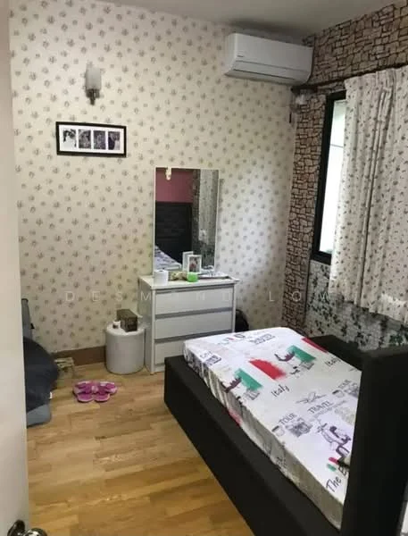 Bedroom features: single bed, wooden bed frame, mattress with patterned bedding, wooden flooring, floral wallpaper, stone accent wall, window with sheer curtains, wall-mounted air conditioning unit, mirror with frame, white dresser, decorative items on dresser, small waste bin, area rug, decorative wall art; style: modern.