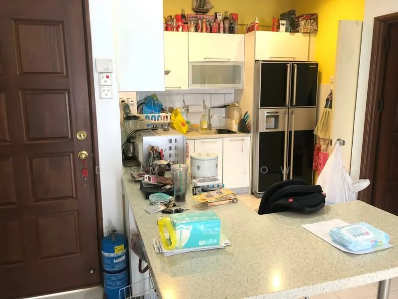 Kitchen features: white cabinetry, granite countertop, stainless-steel fridge, built-in oven, microwave, kitchen island with seating, yellow painted walls, various kitchen utensils and appliances, open shelving with jars and cans, floor tiles, door leading to the entrance; style: modern.
