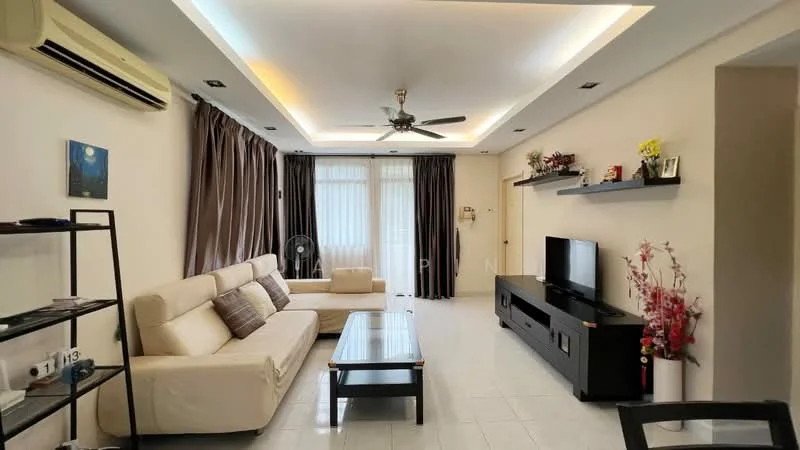 Living features: 3-seater fabric sofa in cream, 2-seater fabric sofa in cream, glass coffee table, wall-mounted TV, TV console in black, ceiling fan with light, recessed LED downlights, white painted walls, white tiled flooring, floor-to-ceiling windows with sheer curtains, decorative wall shelves, houseplants in ceramic pots, decorative flowers in vase; style: modern.