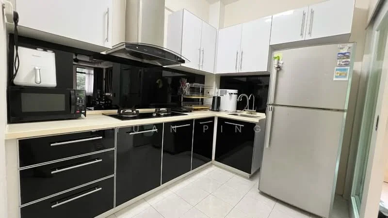 Kitchen features: black and white cabinetry, stainless-steel fridge, built-in oven, 4-burner gas hob, stainless-steel range hood, microwave, black countertop, white tiled backsplash, ceramic tile flooring, recessed downlights, single-bowl stainless-steel sink, chrome pull-down faucet; style: modern.