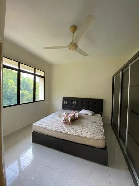 Bedroom features: queen-size bed, upholstered headboard, 2 bedside pillows, ceiling fan, floor-to-ceiling windows, white painted walls, glossy tile flooring, built-in wardrobe with sliding doors; view: garden.