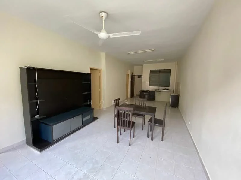 Living features: white painted walls, tile flooring, ceiling fan, dining table with four chairs, TV console, open layout to kitchen, large window, neutral color scheme; style: modern. Kitchen features: kitchen cabinetry, stainless-steel sink, countertop, built-in appliances, window for natural light; style: modern.