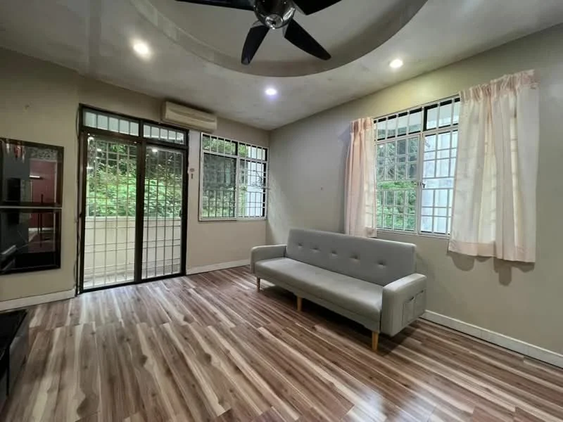 Living features: laminate flooring, grey fabric sofa, 5-blade ceiling fan, recessed downlights, floor-to-ceiling windows, sliding glass door, white walls, curtains, air conditioning unit; style: modern; view: garden.