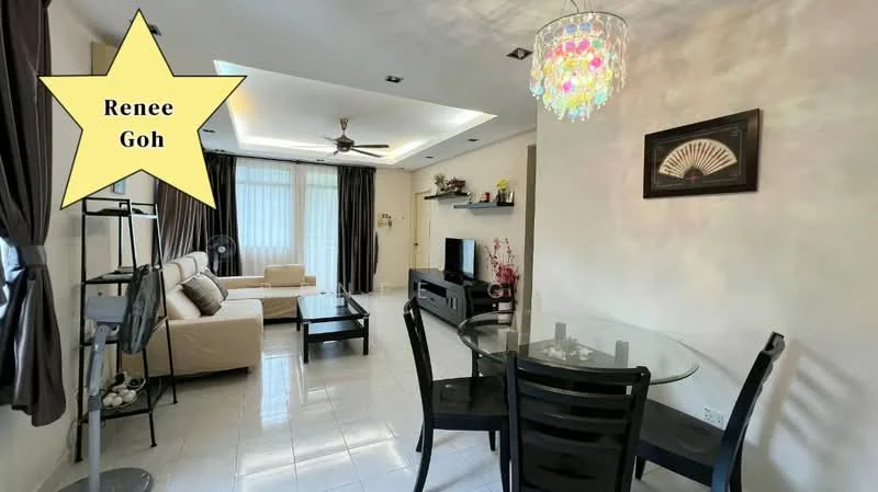 Living features: cream painted walls, white ceiling with recessed lighting, 5-blade ceiling fan with light, floor-to-ceiling windows with sheer curtains, light-colored sofa, black coffee table, black TV console, wall-mounted TV, decorative wall art, dining table with glass top and black chairs, ceramic tile flooring; style: modern.