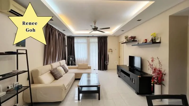 Living features: 3-seater fabric sofa in cream, 2-seater fabric sofa in cream, coffee table with glass top, TV console in black, wall-mounted TV, shelves with decorative items, floor-to-ceiling windows with sheer curtains, recessed ceiling lights, ceiling fan, white painted walls, glossy tile flooring; style: modern.