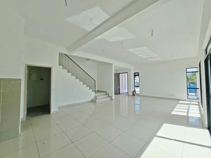 Living features: white painted walls, polished ceramic tile flooring, exposed beams on ceiling, large floor-to-ceiling windows, sliding glass door, natural light flooding in, staircase leading to upper level, open layout, high ceiling; style: modern; view: garden. Room features: white painted walls, polished ceramic tile flooring.
