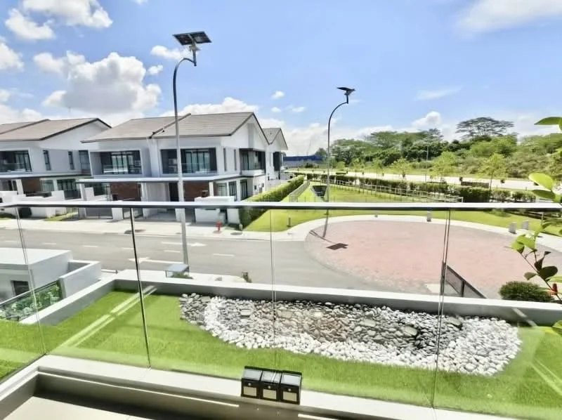 Room features: glass railing, outdoor space, landscaped garden, stone feature, green grass, street view, modern architecture, solar street lights; style: modern; view: garden.