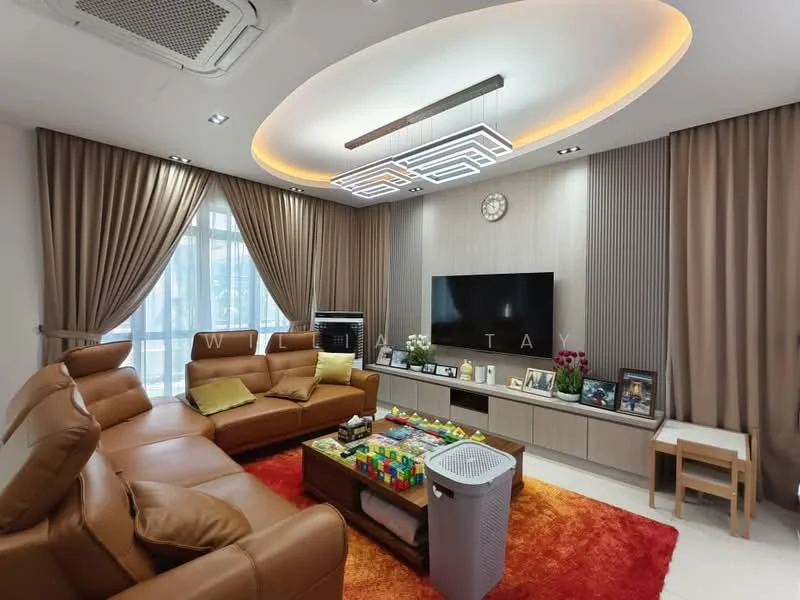 Living features: 3-seater leather sofa in brown, coffee table, wall-mounted TV, entertainment unit, area rug in red, recessed downlights, ceiling light fixture with geometric design, curtains in beige, decorative wall clock, built-in cabinetry, decorative photo frames, children's toys on the coffee table; style: modern.