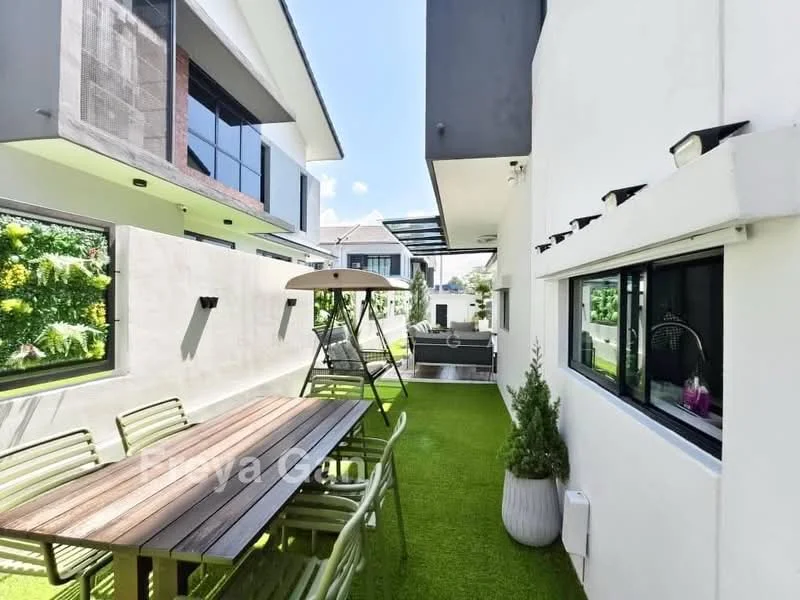 Exterior type: detached bungalow; features: green lawn, outdoor dining table with chairs, umbrella for shade, landscaped garden, patio area, modern architectural design, large windows, outdoor seating area, decorative plants, covered walkway; style: modern.