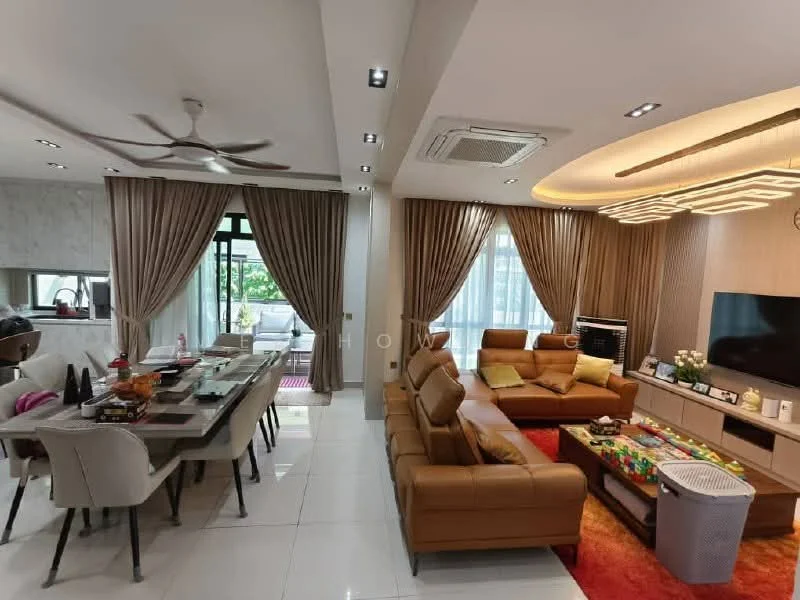 Living features: 5-blade ceiling fan with light, recessed downlights, brown leather sectional sofa, coffee table, wall-mounted TV, entertainment unit, area rug with geometric pattern, floor-to-ceiling windows, curtains, decorative wall paneling, air conditioning unit; style: modern; view: garden. Dining features: 6-seater dining table, upholstered dining chairs, decorative centerpiece, wall-mounted mirror, recessed lighting; style: modern.