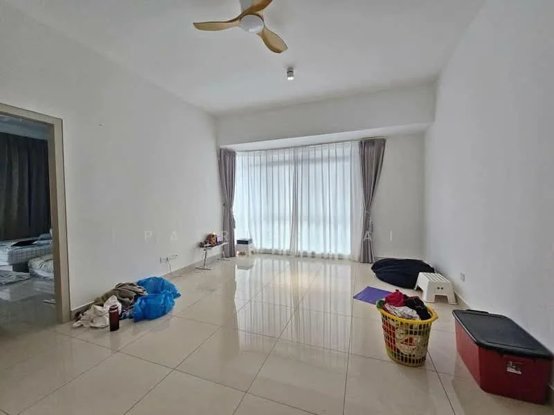 Living features: white painted walls, glossy tile flooring, 5-blade ceiling fan with light, floor-to-ceiling windows, sheer curtains, natural light, open space, decorative items on floor; style: modern.