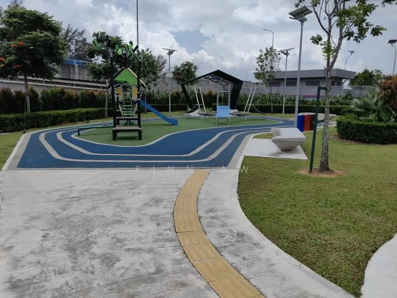 Exterior type: landscape garden; features: playground equipment, swings, slide, rubberized safety surface, walking path, manicured lawn, trees, outdoor seating area, landscape lighting, benches, trash bins; style: modern.