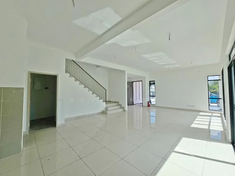 Room features: white painted walls, polished ceramic tile flooring, large windows with natural light, staircase with metal railing, high ceiling with recessed lighting, open layout, sliding glass door, corner windows, fire extinguisher visible; style: modern; view: garden.