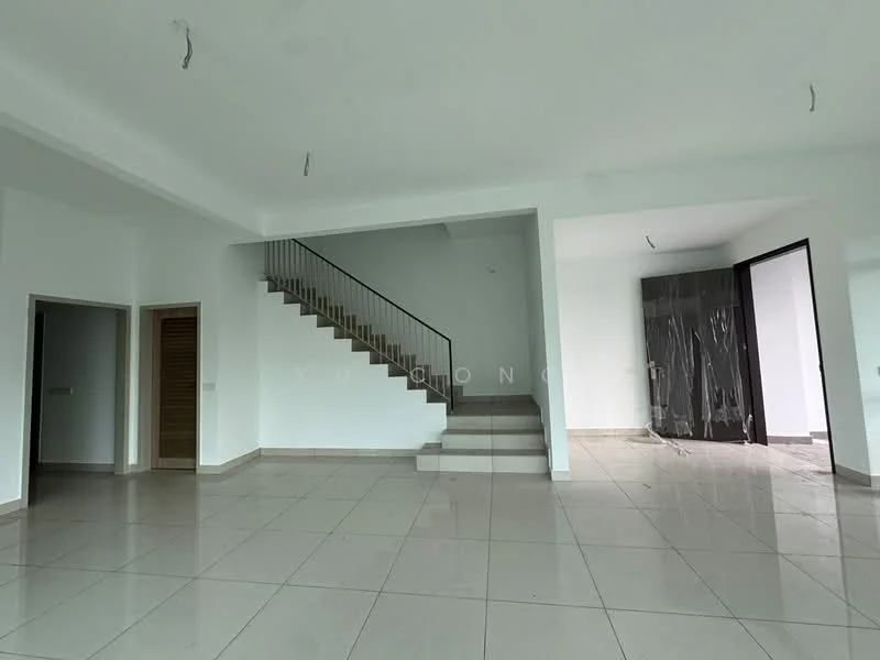 Room features: white painted walls, grey tiled flooring, staircase with metal railing, large sliding glass door, natural light from windows, open layout, high ceiling, no visible furniture; style: modern.