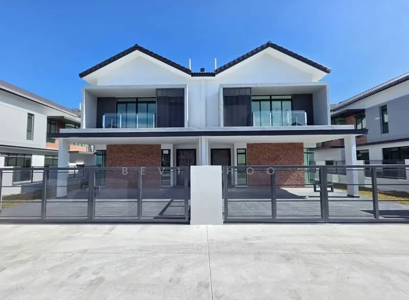 Exterior type: semi-detached house; features: two-storey structure, glass balcony railings, exposed brick facade, white painted facade, pitched tile roof, manicured lawn, concrete driveway, modern architectural design; style: modern.