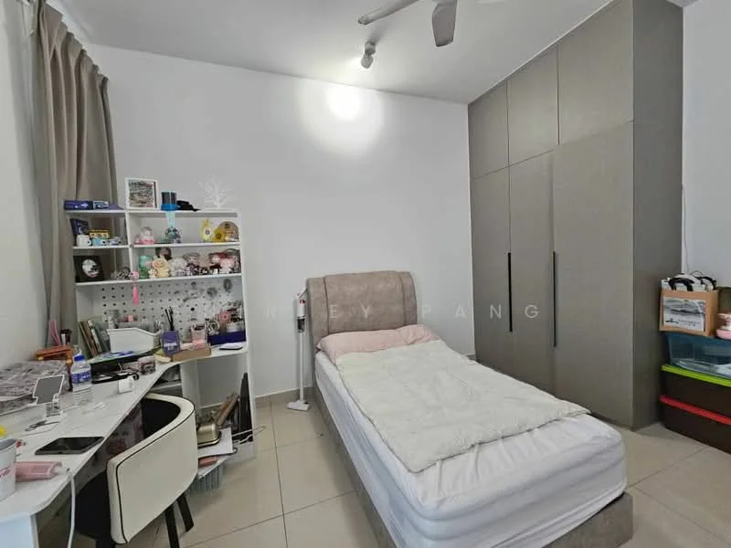 Bedroom features: single bed, upholstered headboard, built-in wardrobe with sliding doors, study desk, white chair, decorative shelf with various items, curtains, ceiling fan with light, tile flooring, neutral wall color; style: modern.