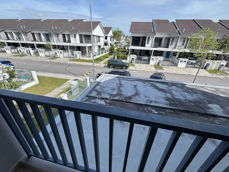 Exterior type: linked terrace house; features: two-storey linked terrace houses, grey tiled roofs, white painted facade, manicured lawn, paved driveway, street view, sidewalk, parking spaces, front yard, fence; style: modern.
