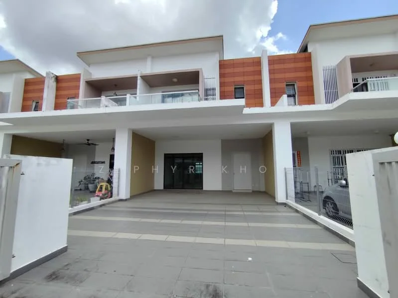 Exterior type: linked terrace house; features: white painted facade, brown accent panels, flat roof, two-storey structure, manicured driveway, paved walkway, covered car porch, balconies on upper level, large glass windows, security gate, visible parking area; style: modern.