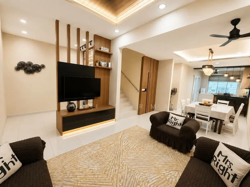Living features: 3-seater fabric sofa in brown, 2-seater fabric sofa in brown, area rug with geometric pattern, wall-mounted TV, wooden TV console with built-in shelves, recessed downlights, ceiling fan with light, decorative wall art, open staircase, neutral painted walls, tile flooring; style: modern; view: dining. Dining features: 6-seater dining table in white, upholstered dining chairs, pendant lighting above dining table, large windows for natural light, neutral painted walls, tile flooring; style: modern; view: living.