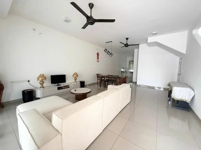 Living features: white painted walls, polished ceramic tile flooring, 5-blade ceiling fan with light, sofa in cream fabric, round coffee table, wall-mounted TV, TV console, decorative sculptures, dining area visible in background, 2nd ceiling fan, open layout, natural light from windows; style: modern.