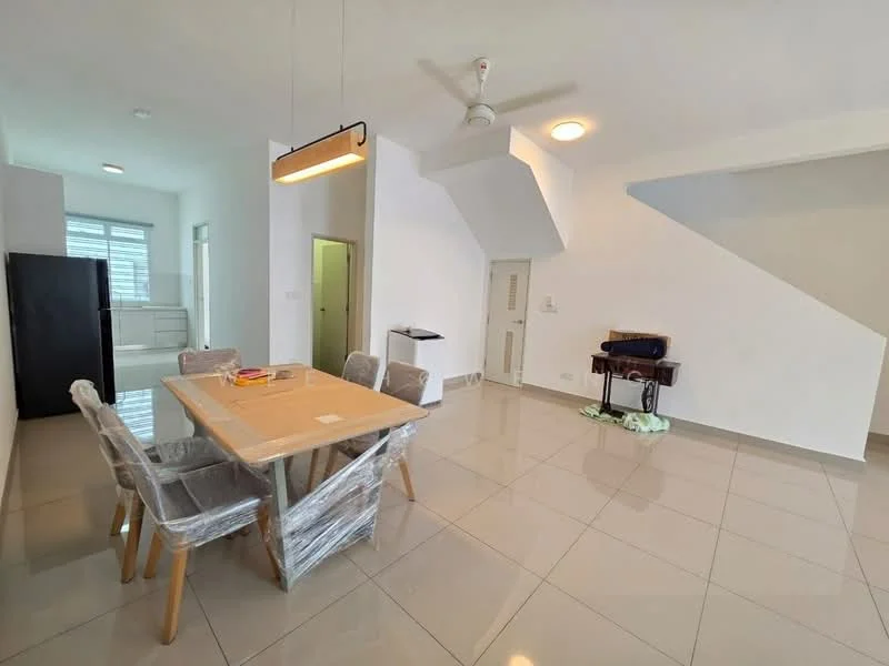 Dining features: dining table with 6 chairs, ceiling fan, recessed downlights, white walls, glossy ceramic tile flooring, open layout, large windows, natural light; style: modern. Kitchen features: black refrigerator, white cabinetry, countertop, sink, open layout, access to living area; style: modern. Living features: wall-mounted TV, seating area, white walls, glossy ceramic tile flooring, natural light; style: modern.