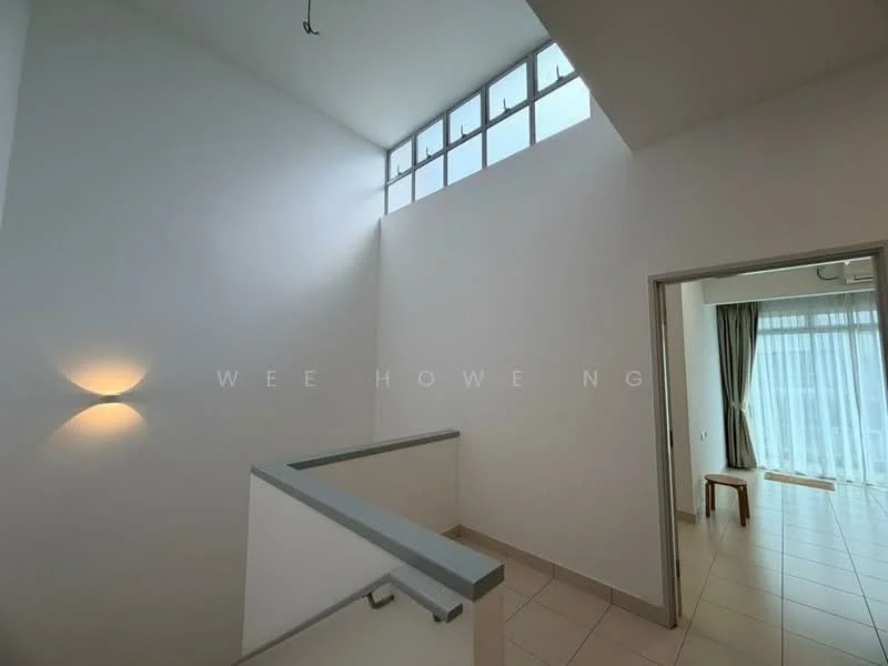 Room features: white painted walls, large windows, tile flooring, stair railing, natural light from window, curtains, light fixture on wall, neutral color palette; style: modern.