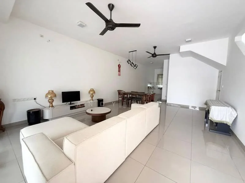 Living features: L-shape sectional sofa in cream, coffee table, wall-mounted TV, TV console, 2 ceiling fans, white painted walls, glossy tile flooring, decorative wall art, dining area visible in background, open layout; style: modern.