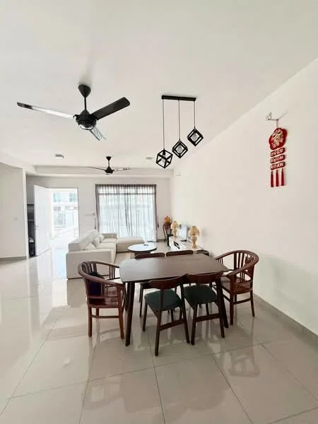 Dining features: 6-seater dining table, wooden dining chairs, white walls, polished tile flooring, 5-blade ceiling fan with light, recessed downlights, large window with sheer curtains, decorative wall hanging; style: modern. Living features: sectional sofa in white, coffee table, TV console, large window, polished tile flooring; style: modern.
