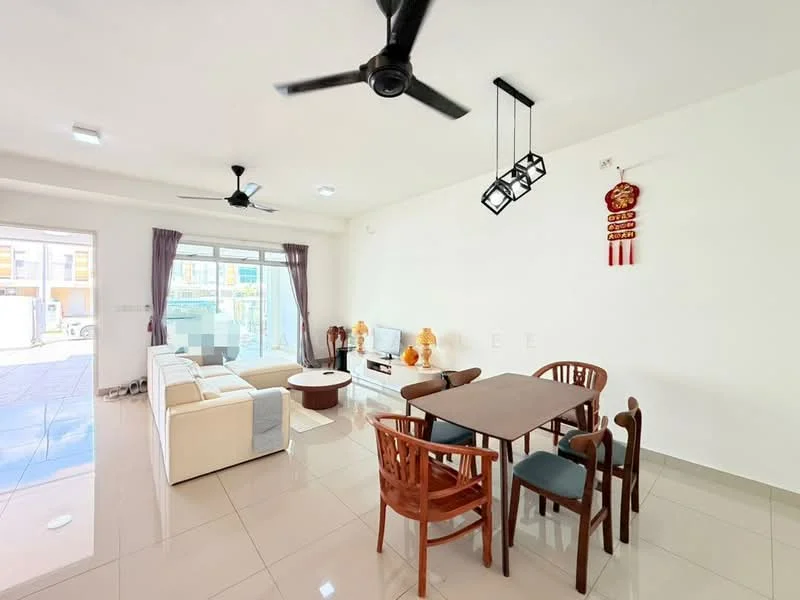 Living features: white painted walls, glossy tile flooring, 5-blade ceiling fan with light, recessed downlights, large sliding glass door, curtains, sofa set in white, coffee table, dining table with chairs, decorative items on shelves; style: modern; view: garden.