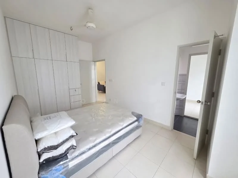 Bedroom features: queen-size bed, upholstered headboard, white bedding, built-in wardrobe with sliding doors, white painted walls, ceiling fan, tile flooring, natural light from door, decorative pillows; style: modern.