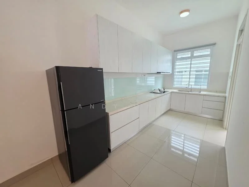 Kitchen features: white cabinetry, black fridge, stainless-steel sink, chrome faucet, glass backsplash, ceramic tile flooring, window with horizontal blinds, built-in oven, countertop with smooth surface, light fixture on ceiling; style: modern.