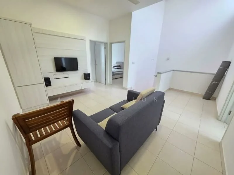 Living features: grey fabric sofa, wooden armchair, wall-mounted TV, white media console, light-colored tiled flooring, white walls, ceiling fan, large window, neutral decor; style: modern.