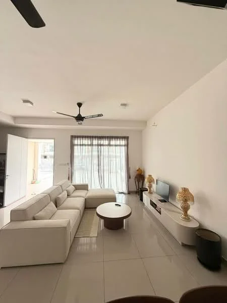 Living features: white fabric sectional sofa, round coffee table, TV console, wall-mounted TV, large floor-to-ceiling windows, sheer curtains, recessed downlights, ceiling fan, glossy tile flooring, decorative vases, neutral painted walls; style: modern.