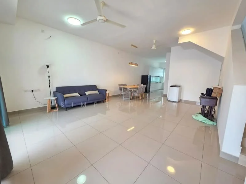 Living features: grey fabric sofa, glass dining table with four chairs, white walls, recessed downlights, ceiling fan, large floor tiles, open layout, sliding glass door, curtains, decorative wall light; style: modern.