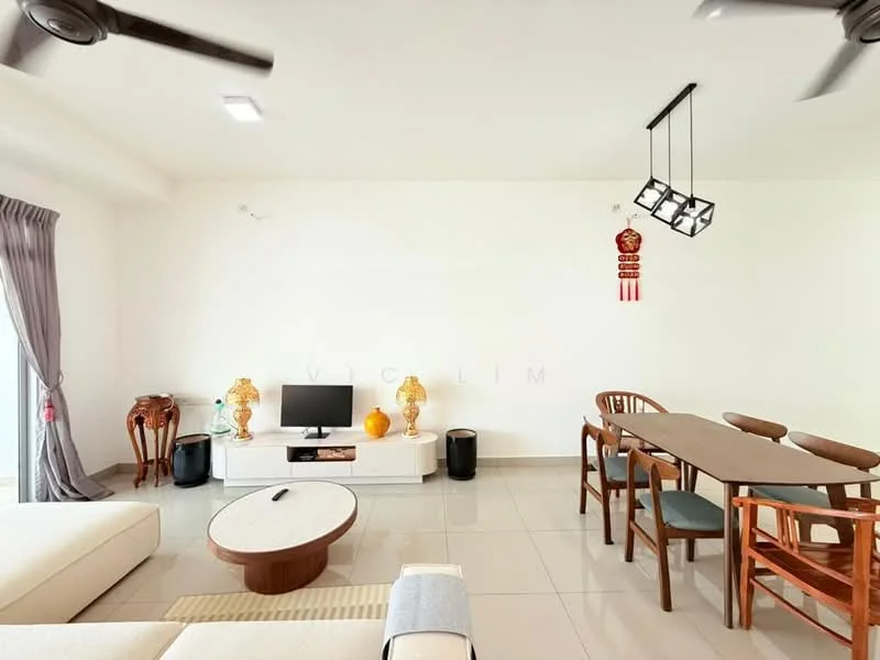 Living features: white painted walls, glossy tile flooring, 5-blade ceiling fan, recessed downlights, sofa in cream fabric, round coffee table, TV console, wall-mounted TV, dining table with wooden chairs, decorative vases, wall decor with Chinese elements, curtains in grey fabric, floor-to-ceiling windows; style: modern.