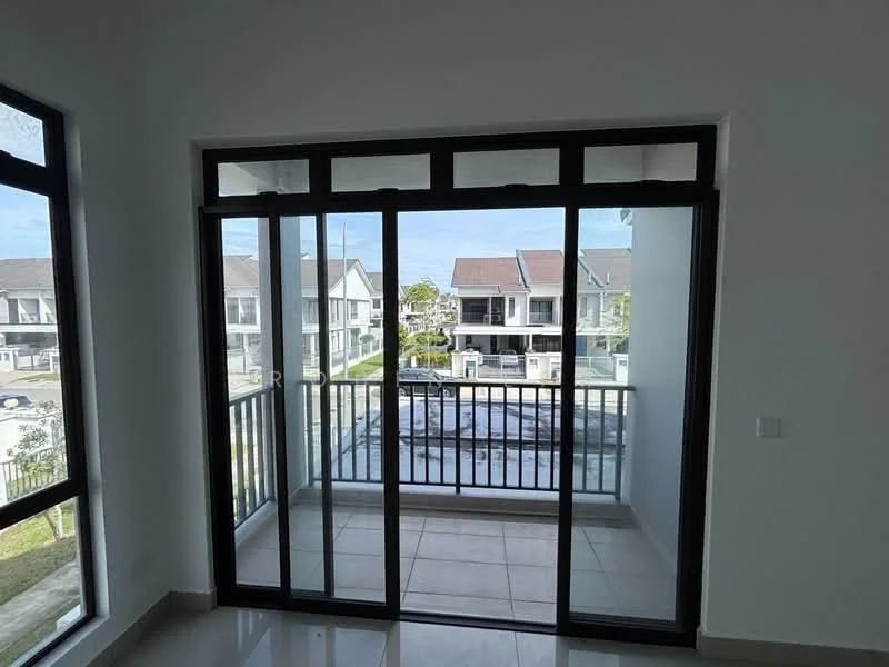 Room features: floor-to-ceiling windows, sliding glass door, white painted walls, tile flooring, balcony view, natural light, open space, modern design; style: modern; view: garden.