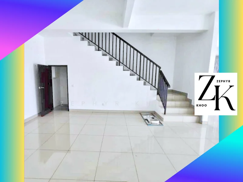 Room features: white painted walls, glossy ceramic tile flooring, staircase with metal railing, large windows allowing natural light, open space layout, high ceiling, corner area for potential furniture placement, neutral color scheme; style: modern.